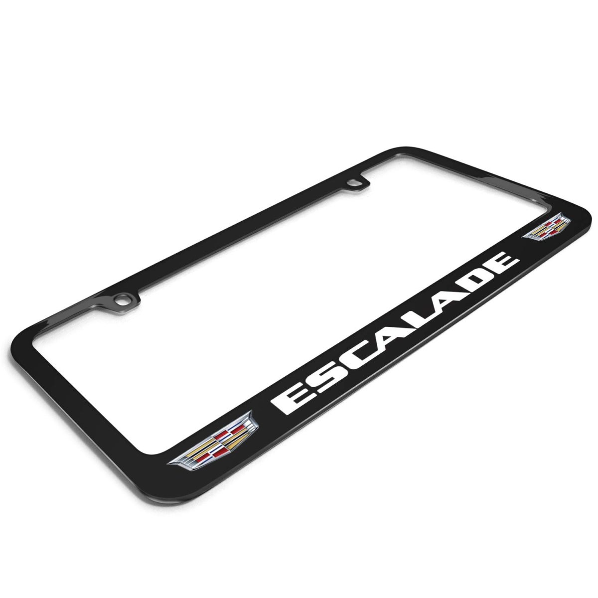 Cadillac Escalade Dual Crest Logo License Plate Frame Full Color Black Metal 12in X 6in Universal Fit With Theft Deterrent