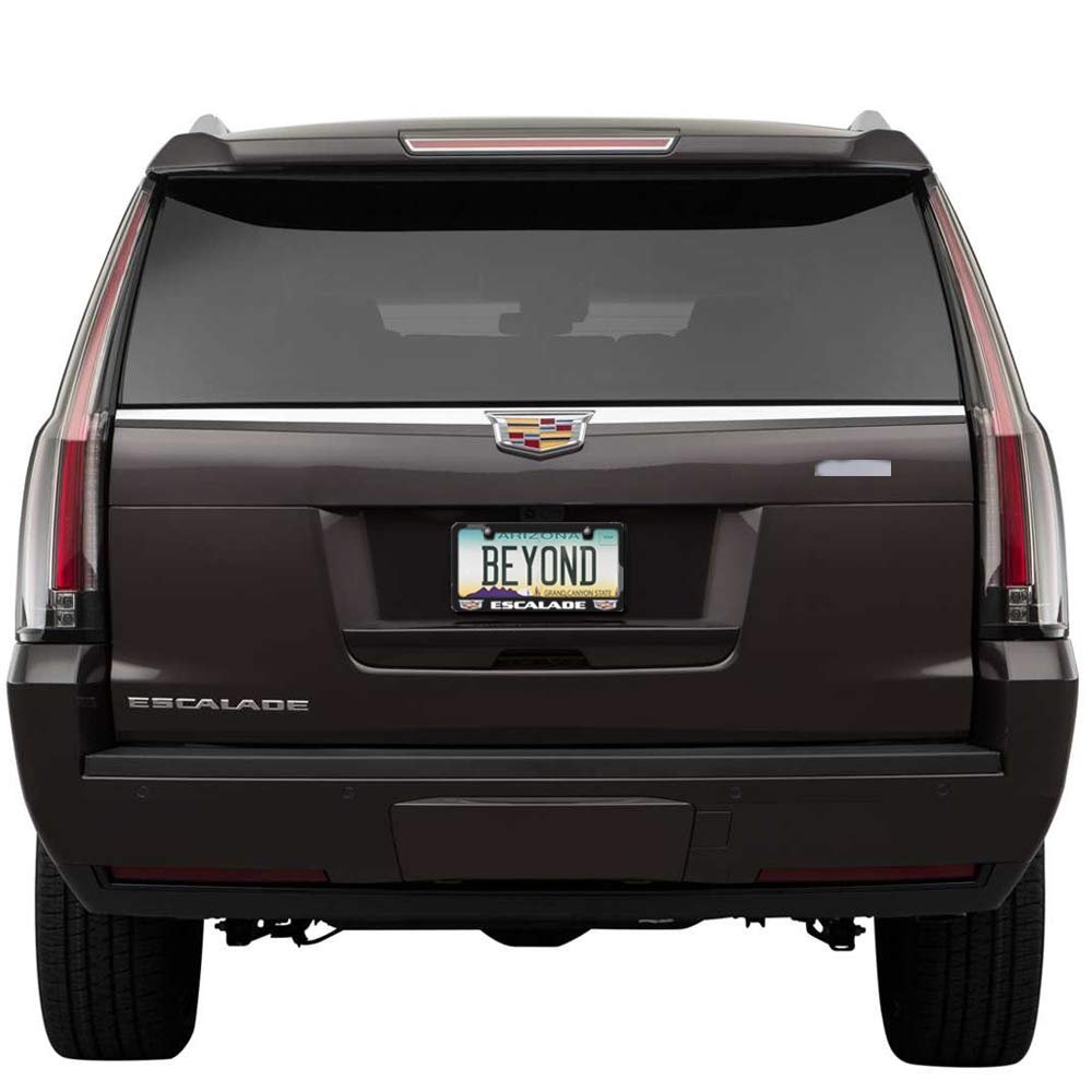 Cadillac Escalade Dual Crest Logo License Plate Frame Full Color Black Metal 12in X 6in Universal Fit With Theft Deterrent