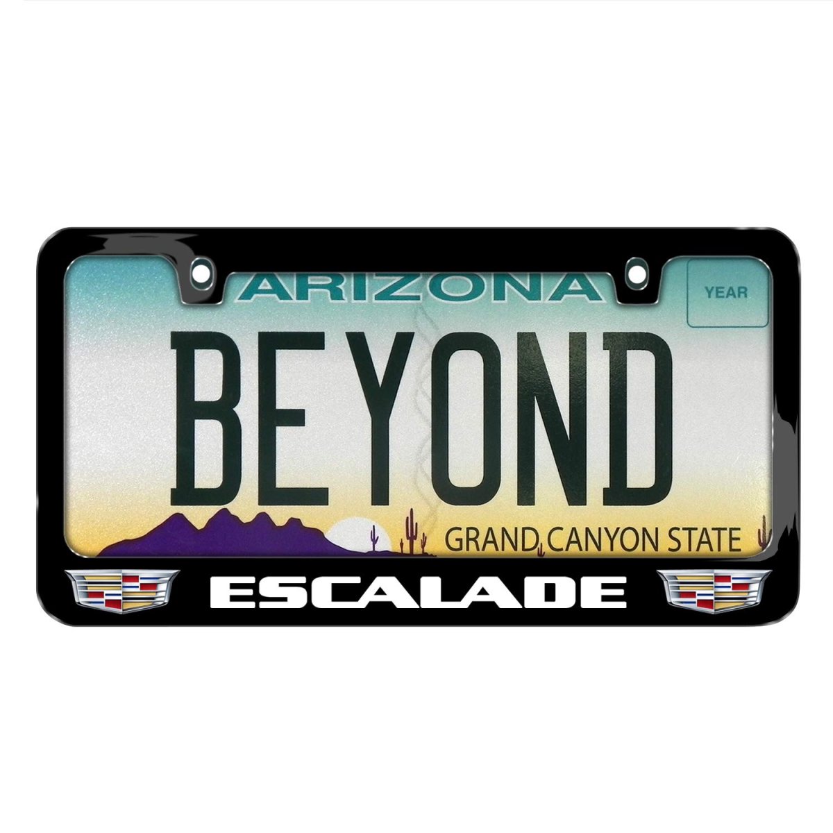 Cadillac Escalade Dual Crest Logo License Plate Frame Full Color Black Metal 12in X 6in Universal Fit With Theft Deterrent