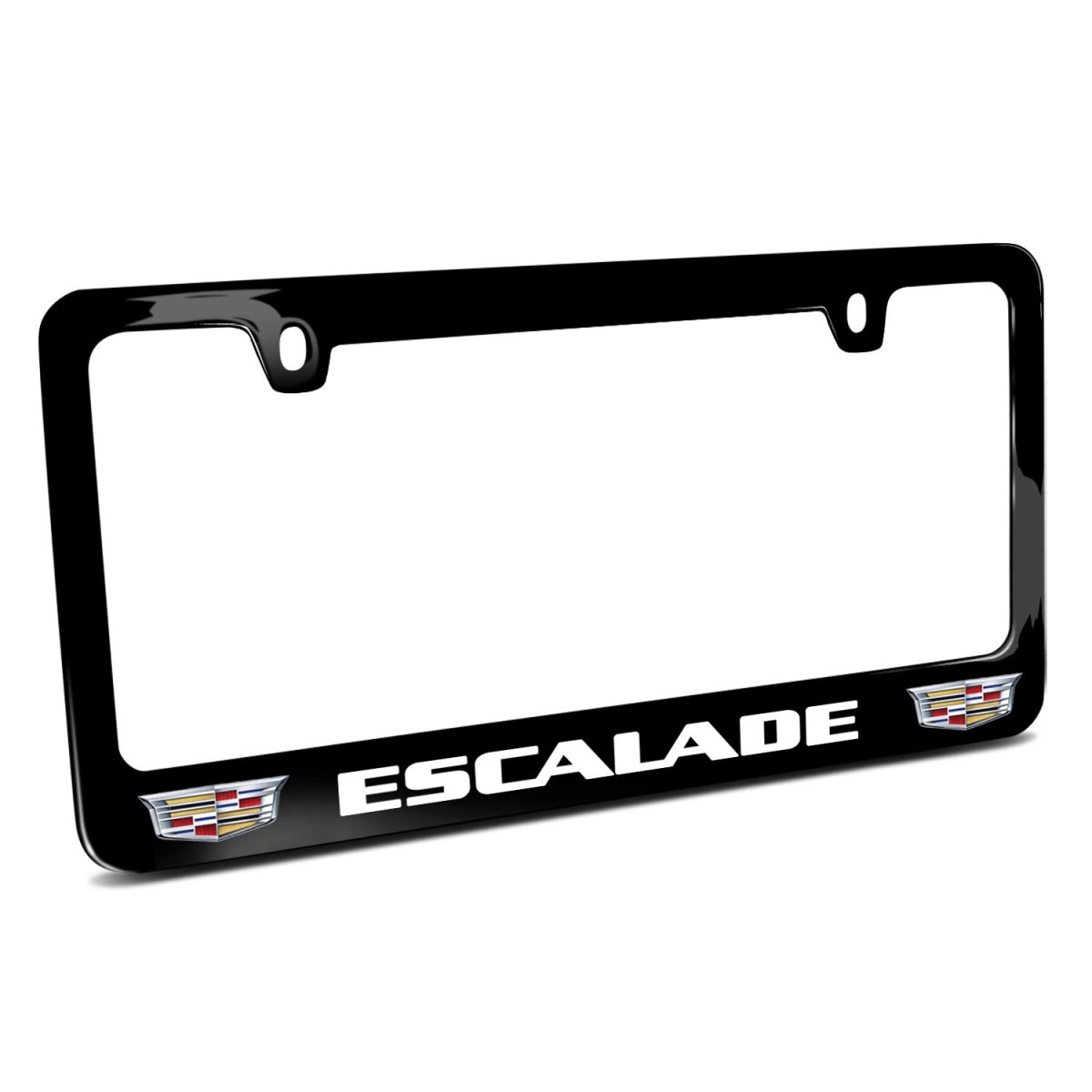 Cadillac Escalade Dual Crest Logo License Plate Frame Full Color Black Metal 12in X 6in Universal Fit With Theft Deterrent