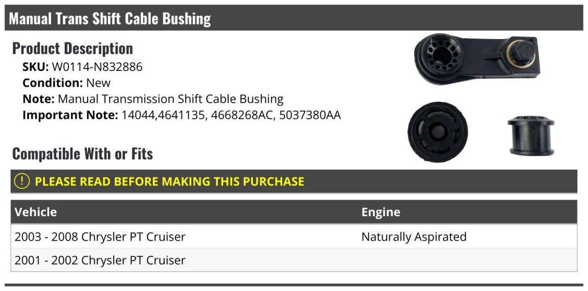 Manual Transmission Shift Cable Bushing For 2001-2008 Chrysler Pt Cruiser Naturally Aspirated