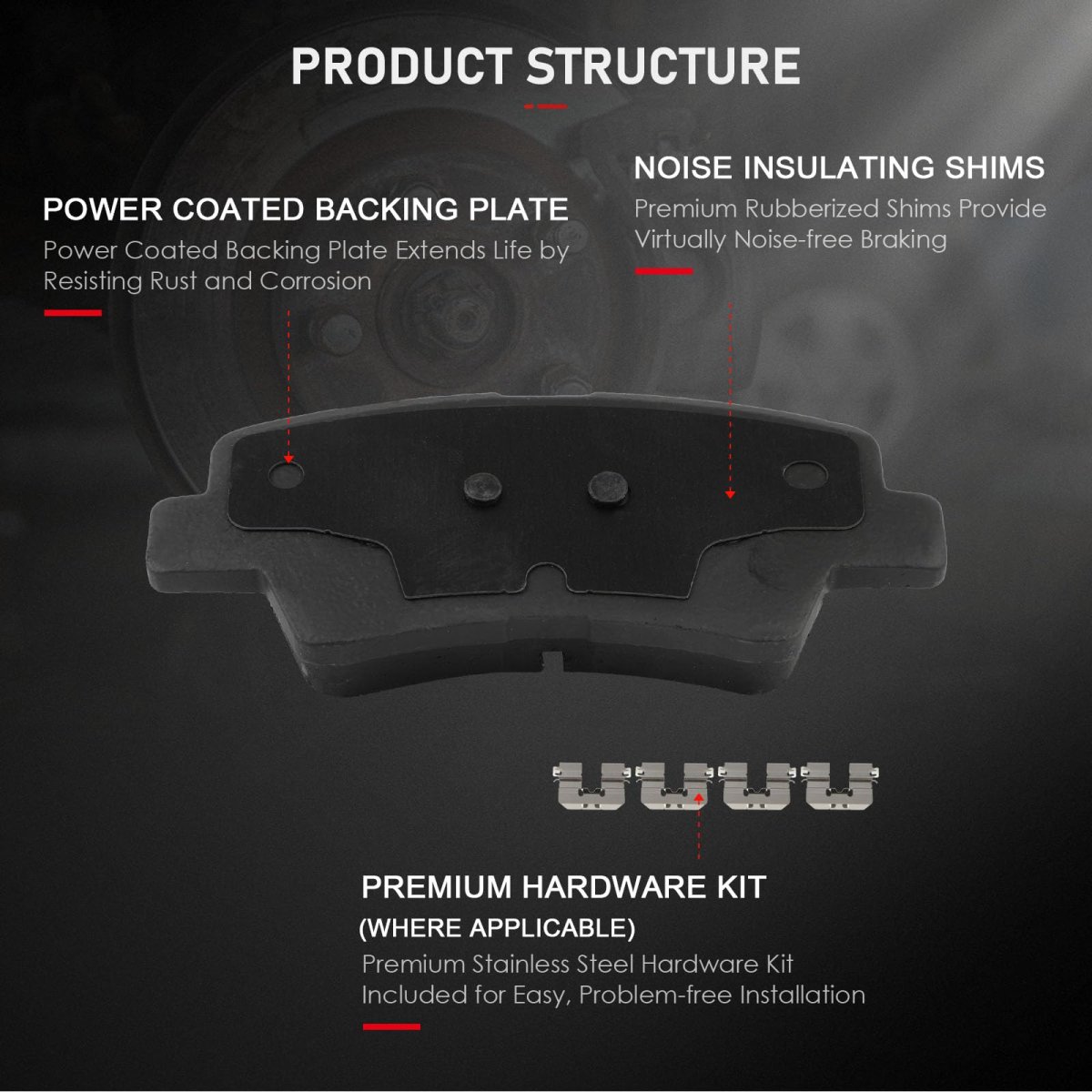 D1812 Rear Ceramic Disc Brake Pads With Hardware For Hyundai Accent Elantra Ioniq Venue And Kia Niro Rio Rondo Soul