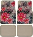Hibiscus Flowers Peacock Feathers Car Truck Suv Universal-fit Front Rear Seat Carpet Flower Floor Mats 4pc Beige 