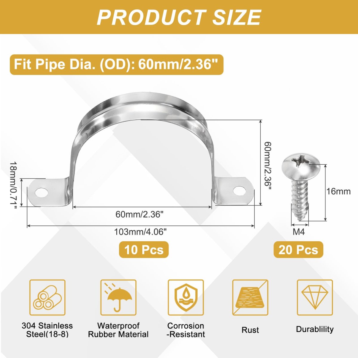 10pcs 60mm 2-3 8 304 Stainless Steel Rigid Pipe Strap Two Hole U Bracket Heavy Duty Conduit Clamp With Self-tapping Screws For