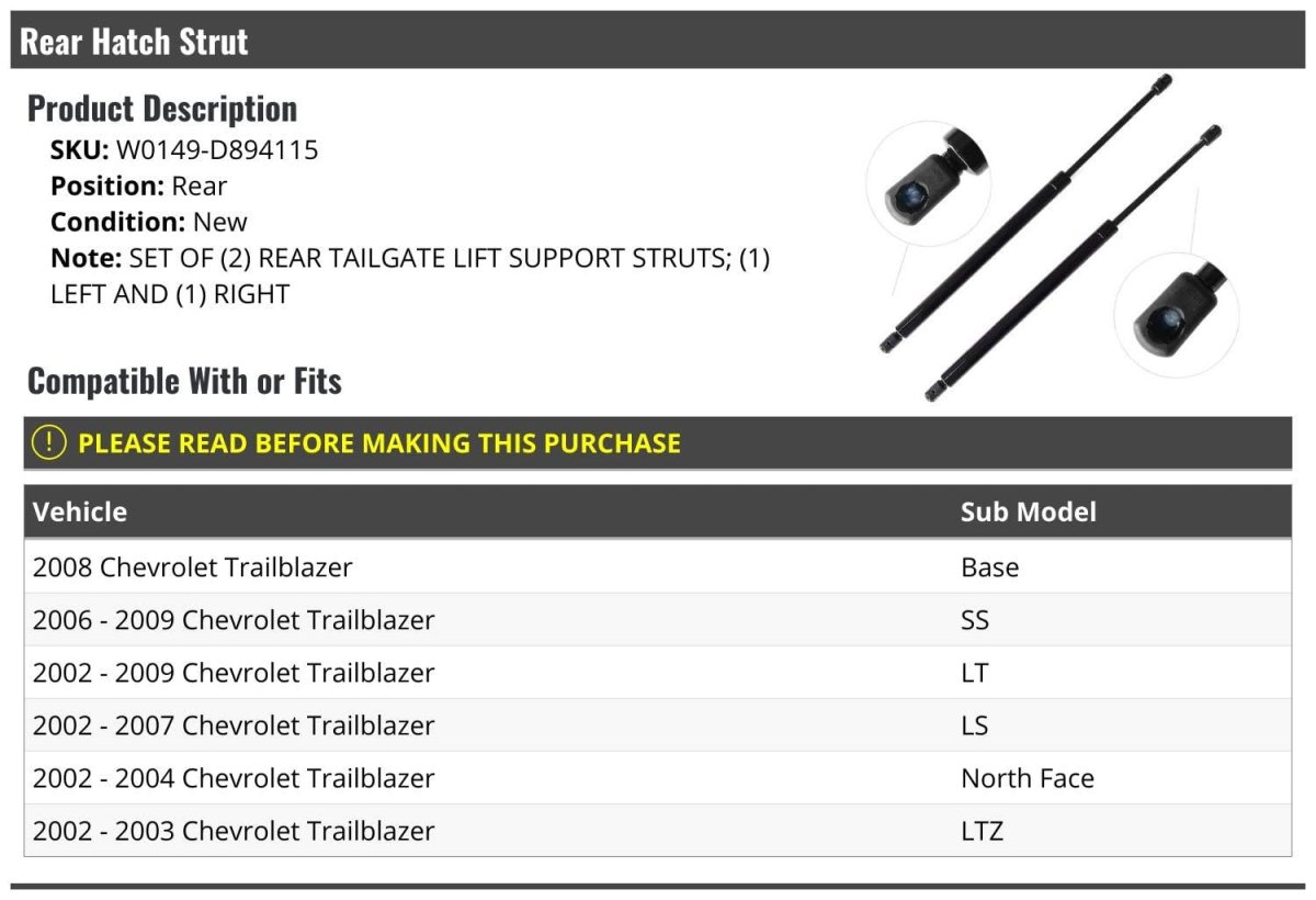 Rear Hatch Strut Shock Set Of 2 For 2002-2009 Chevy Trailblazer