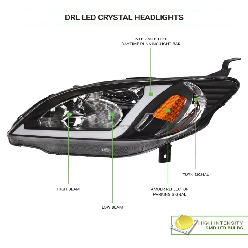 Tlaps 7422438499462 For 2004-2005 Honda Civic 4 Door Sedan 2 Coupe Drl Led Strip Bar Black Housing Headlights With Amber