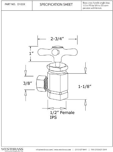 Westbrass D103x-01 Cross Handle Angle Stop Shut Off Valve 1 2-inch Ips Inlet With 3 8-inch Compression Outlet Pvd Polished