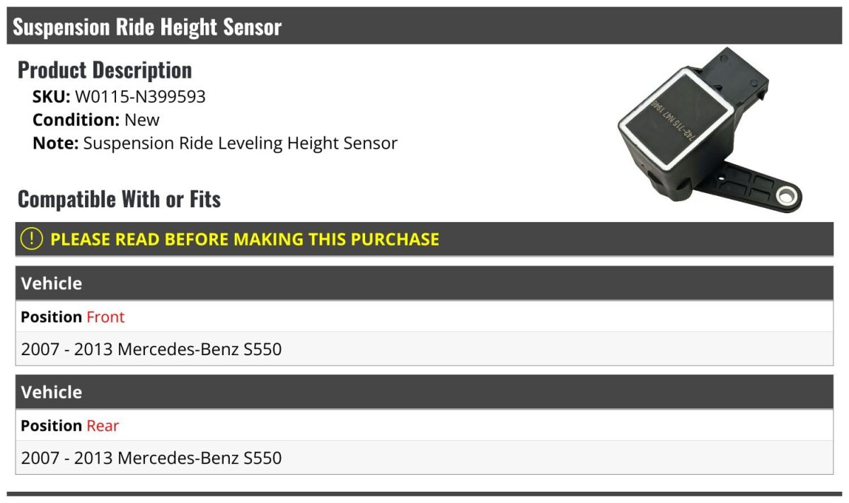 Suspension Ride Leveling Height Sensor Front Or Rear For 2007 2013 Mercedes Benz S550 W0115 N399593