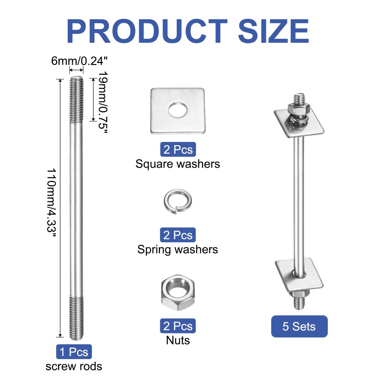 5pcs M6x110mm 304 Stainless Steel Double End Threaded Stud Screw Bolt With Nuts Square Flat Washers Spring For House