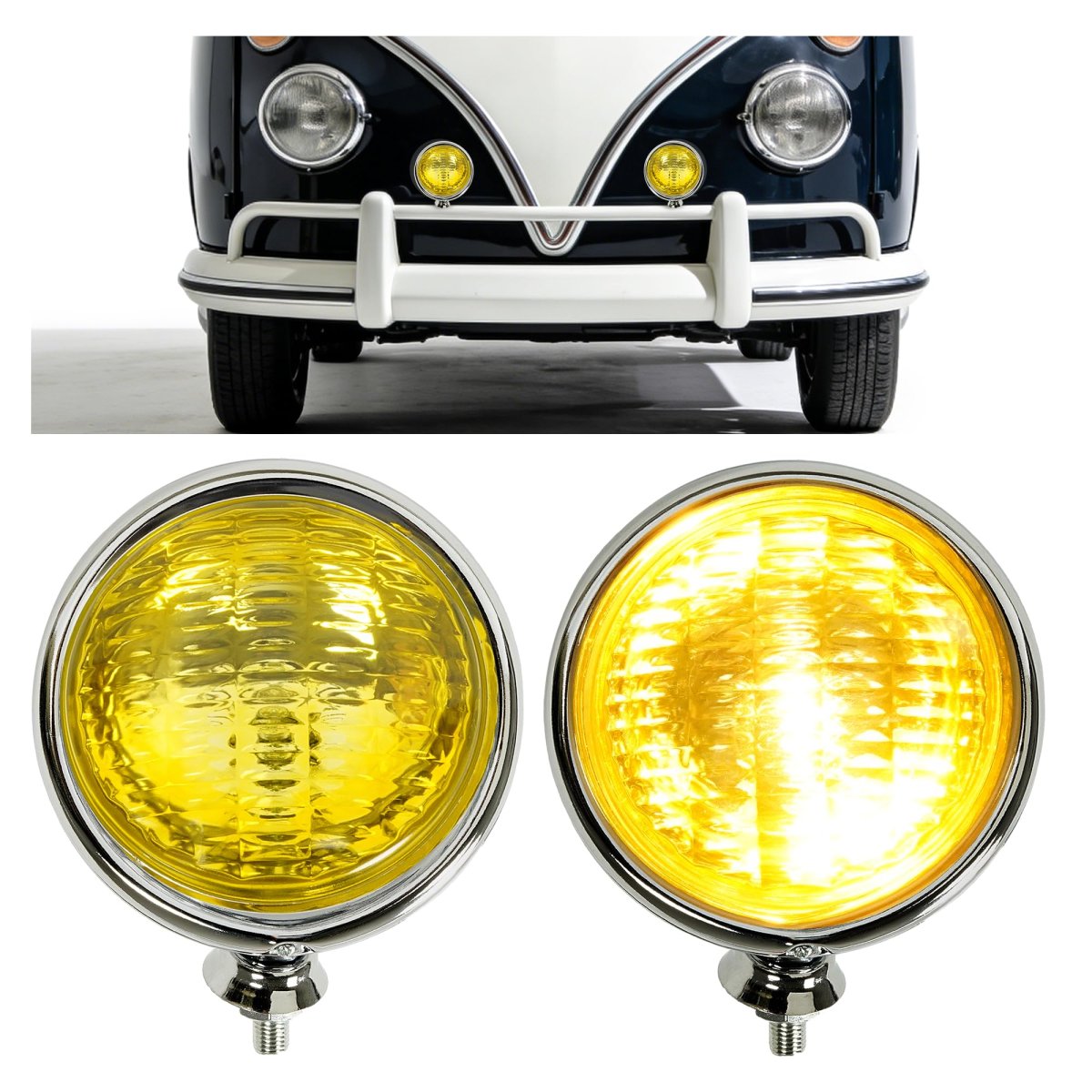 Hecasa 2pcs Fog Lights Yellow Lens Universal Fit 12 Volt 35 Watts Chrome Vintage Style Steel Glass Adjustable Ball And Cup