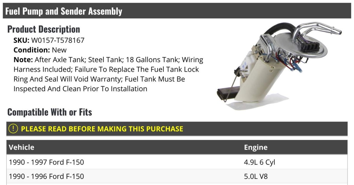 Fuel Pump And Sender Assembly With Wiring Harness For 18 Gallon Tank 1990-1997 Ford F150