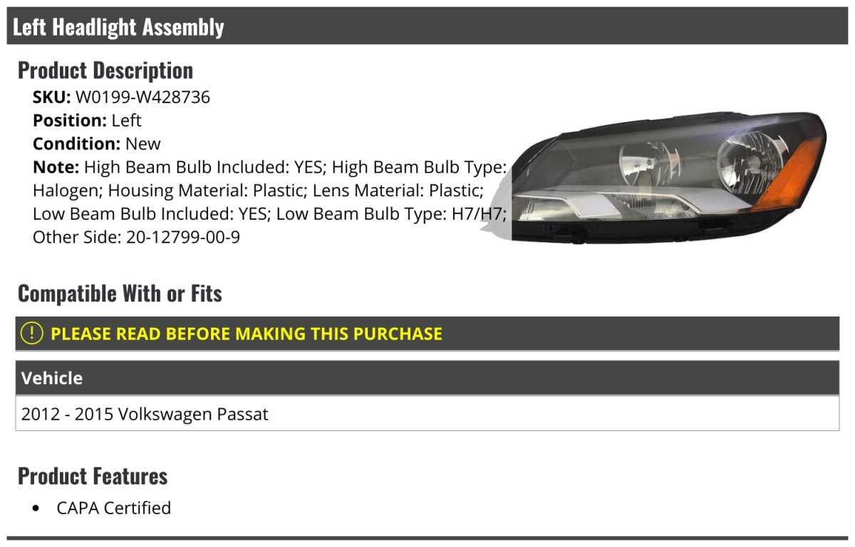 Left Driver Side Halogen Headlight Assembly With Bulbs For 2012-2015 Volkswagen Passat