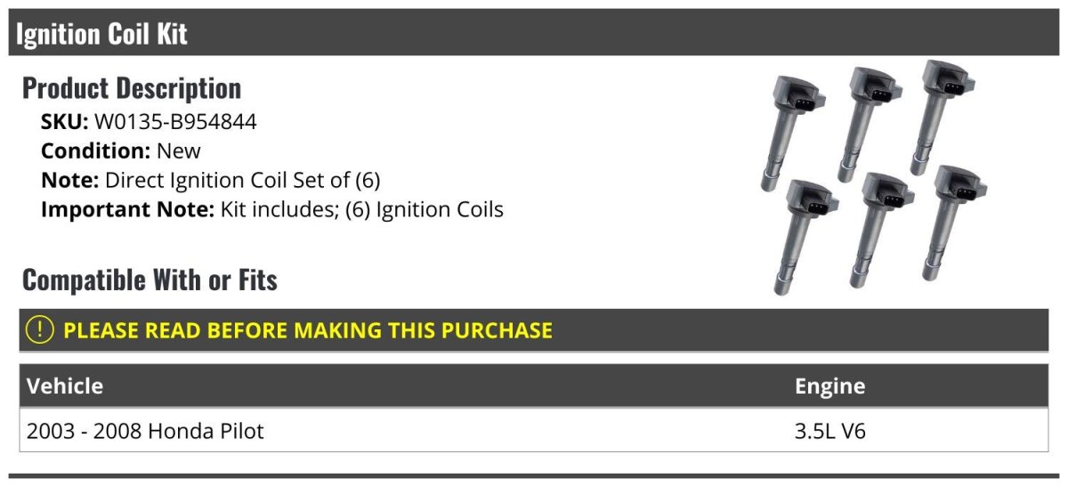 Direct Ignition Coil Kit Set Of 6 For 2003-2008 Honda Pilot 3 5l V6