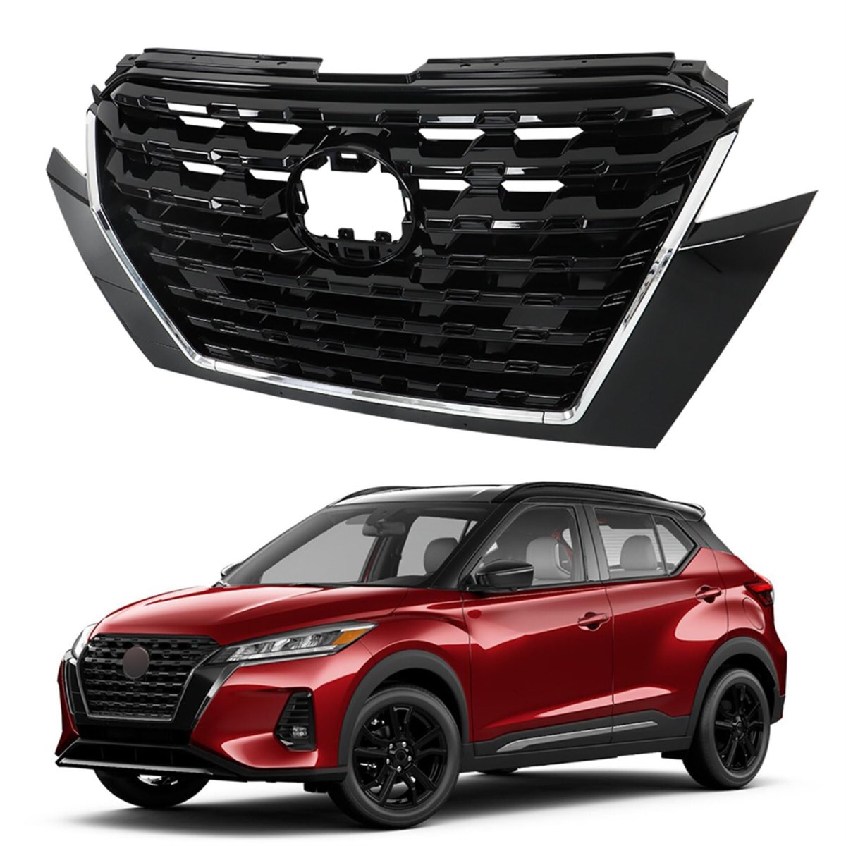 Front Upper Bumper Grille Black Grill Replacement For 2021 2022 2023 Kicks Durable Plastic With Silver And Chrome Design