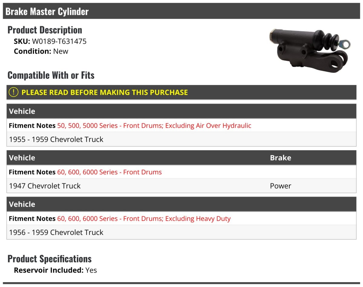 Brake Master Cylinder For 1947 1955-1959 Chevy Truck With Front Drum Brakes