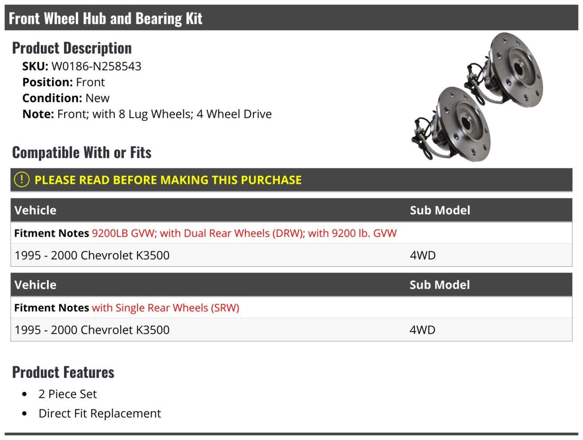 Front Wheel Hub And Bearing Assembly Set Of 2 For 1995-2000 Chevy K3500 4wd With 8 Lug Wheels