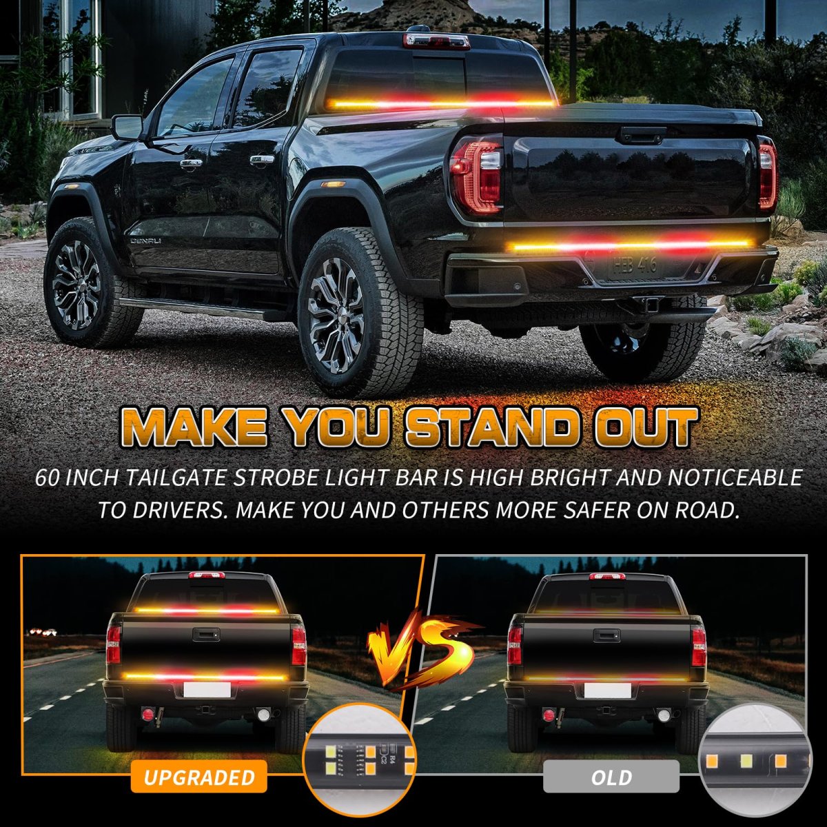 Xridonsen 60 Inch Amber Red Truck Tailgate Strobe Lights Strip 360 Led Tail Light Bar Flashing Warning Hazard Safety Rear