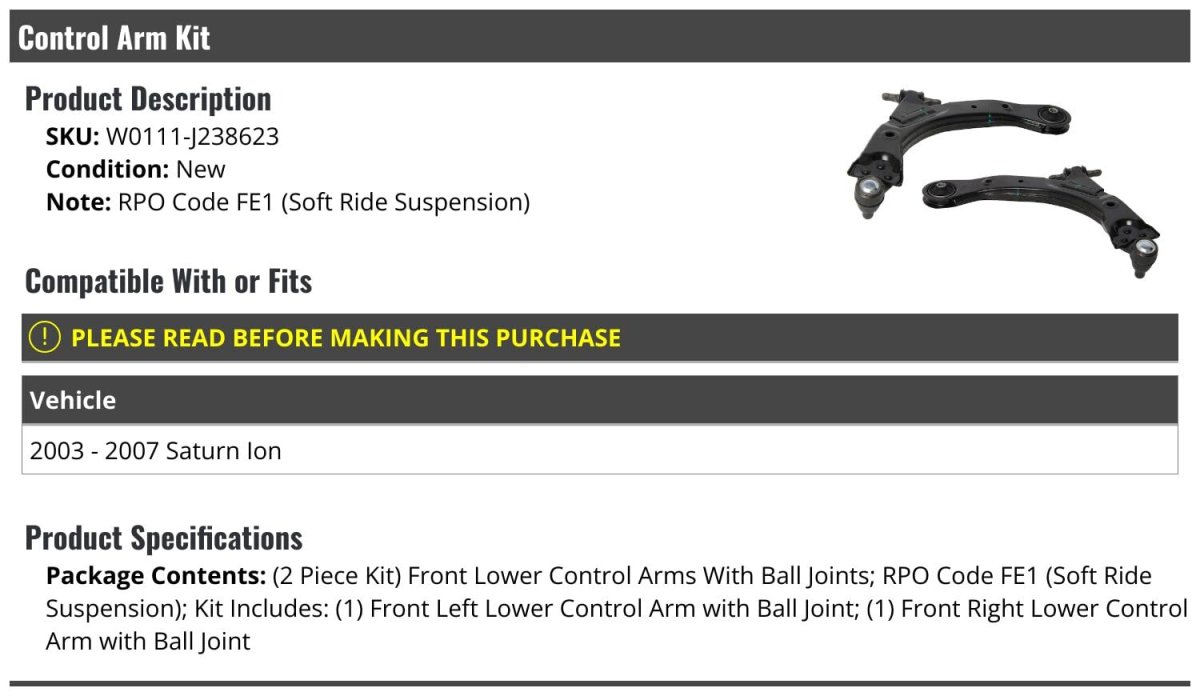 Front Lower Control Arm Ball Joint Kit 2 Piece For 2003-2007 Saturn Ion With Rpo Code Fe1 Soft Ride Suspension