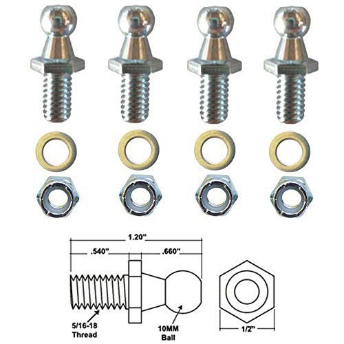 10mm Ball Studs With Hardware 5 16-18 Thread X 1 2 In Long Shank For Gas Springs Props And Struts Pack Of 4