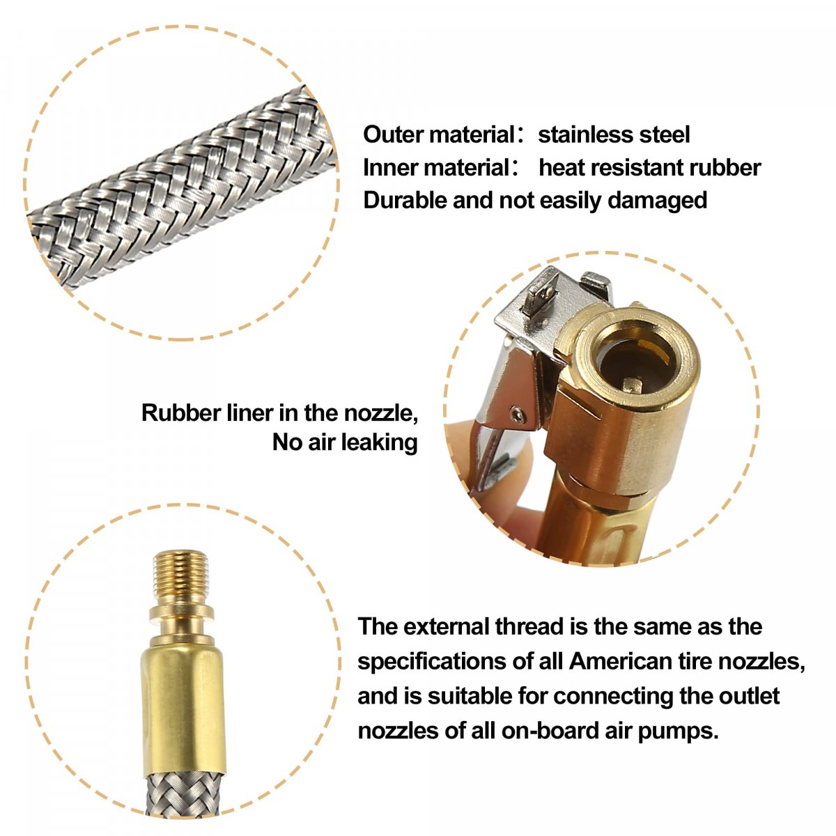 Flexible Tire Valve Connect Pipe Air Chuck Inflator Extension Hose 150cm 59in Quick Stainless Steel For Car Motorbike And Bike