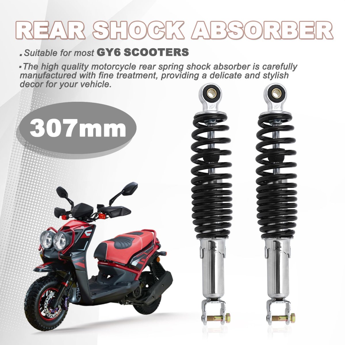 Dual Rear Shock Absorbers For Chinese Gy6 Scooter Mopeds 305mm Length With Adjustable Spring Preload And 10mm Mounting Hole