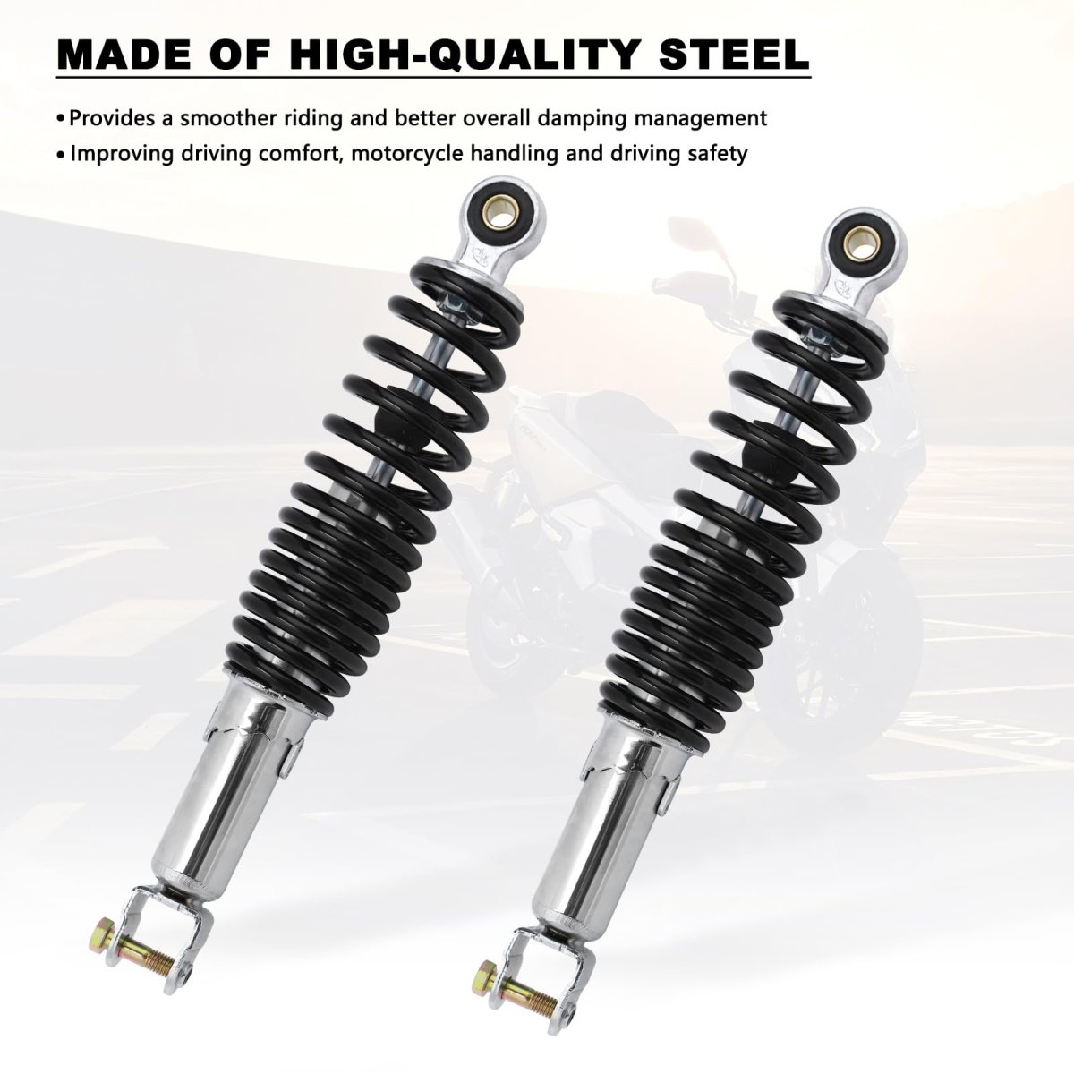 Dual Rear Shock Absorbers For Chinese Gy6 Scooter Mopeds 305mm Length With Adjustable Spring Preload And 10mm Mounting Hole