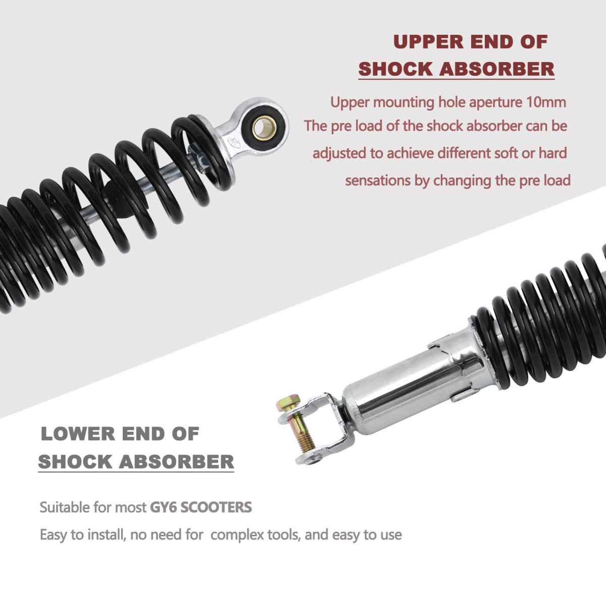 Dual Rear Shock Absorbers For Chinese Gy6 Scooter Mopeds 305mm Length With Adjustable Spring Preload And 10mm Mounting Hole