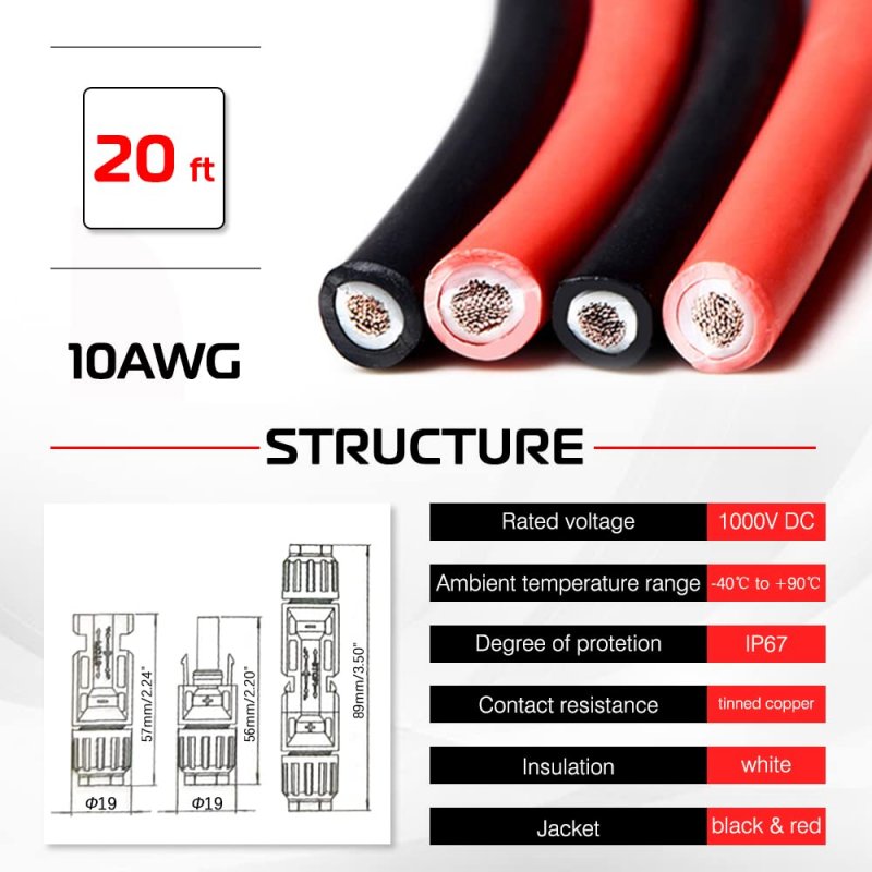 20 Feet 10awg Solar Panel Cable Wire Extension 10 Gauge With Female And Male Connectors 20ft Red Black