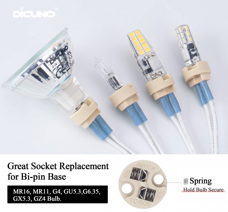 Dicuno G4 Gu5 3 Bi-pin Ceramic Base Socket Mr16 Mr11 Halogen Incandescent Led Bulb Holder Wire Connector 5pcs