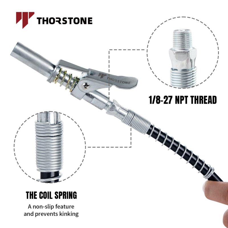 18 In Spring Flex Hose And Lock Coupler Set For Grease Gun 1 8 27npt Thread 7000 Psi Working Pressure Universal Fit Pneumatic