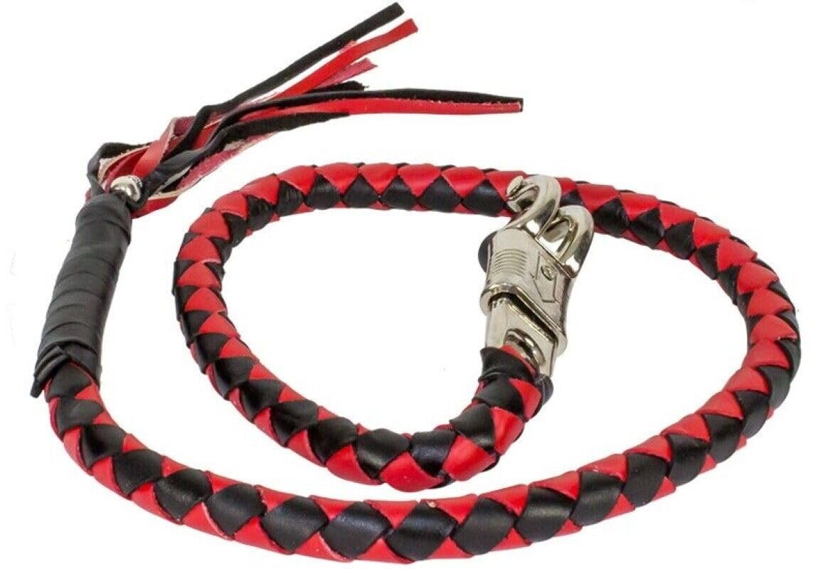 Motorcycle Get Back Whip 42 In Length Old School Biker Black And Red Hand Braided Genuine Leather With Stainless Steel Quick