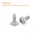 Uxcell St3x10mm Phillips Pan Head Self-tapping Screw With Washer 100pcs 304 Stainless Steel Wood Full Thread Silver
