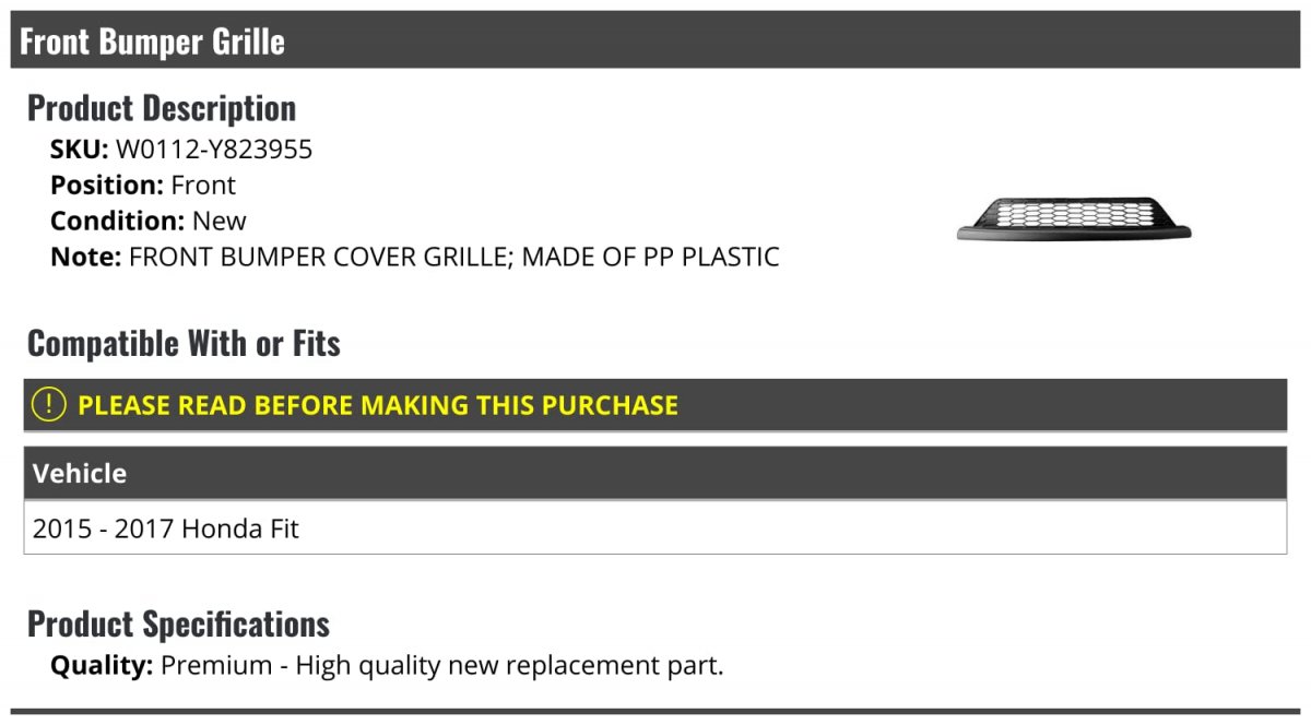Front Bumper Grille For 2015-2017 Honda Fit