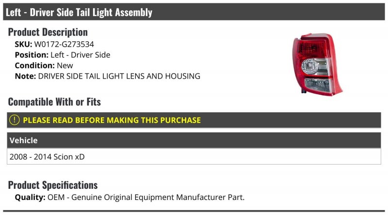 Left Driver Side Tail Light Assembly For 2008-2014 Scion Xd