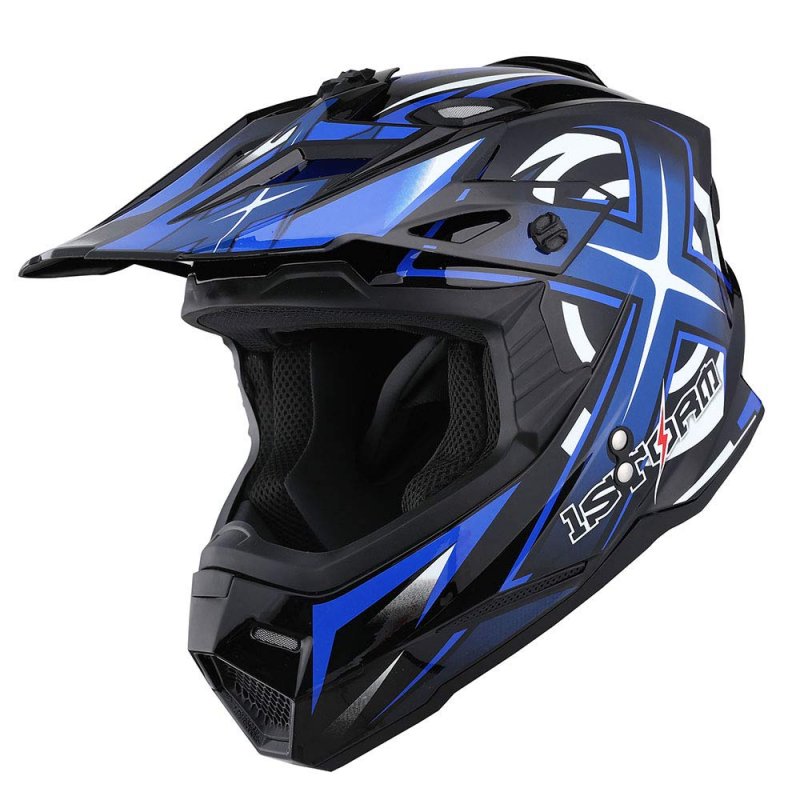 1storm Adult Motocross Helmet Bmx Mx Atv Dirt Bike Racing Style Glossy Blue Goggles Skeleton Glove Bundle