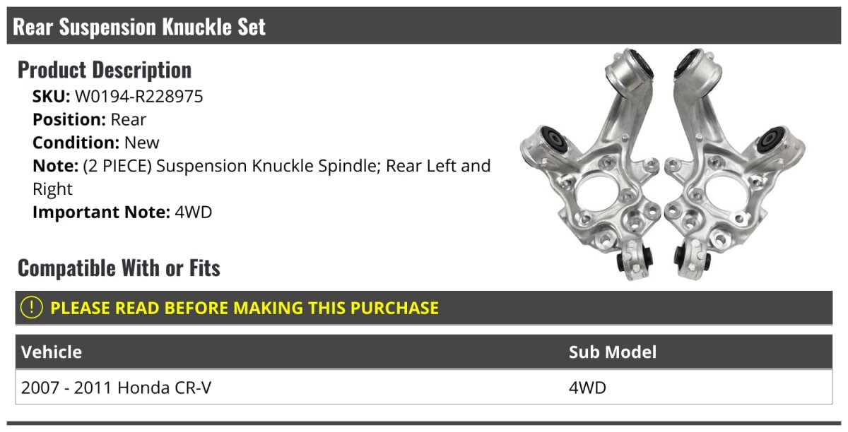 Rear Suspension Knuckle Spindle Set Of 2 For 2007-2011 Honda Cr-v 4wd