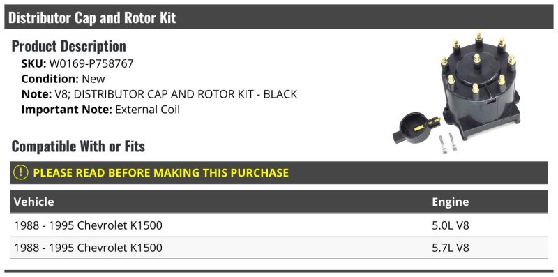 Distributor Cap And Rotor Kit For 1988-1995 Chevy K00 5 0l 5 7l V8 With External Coil