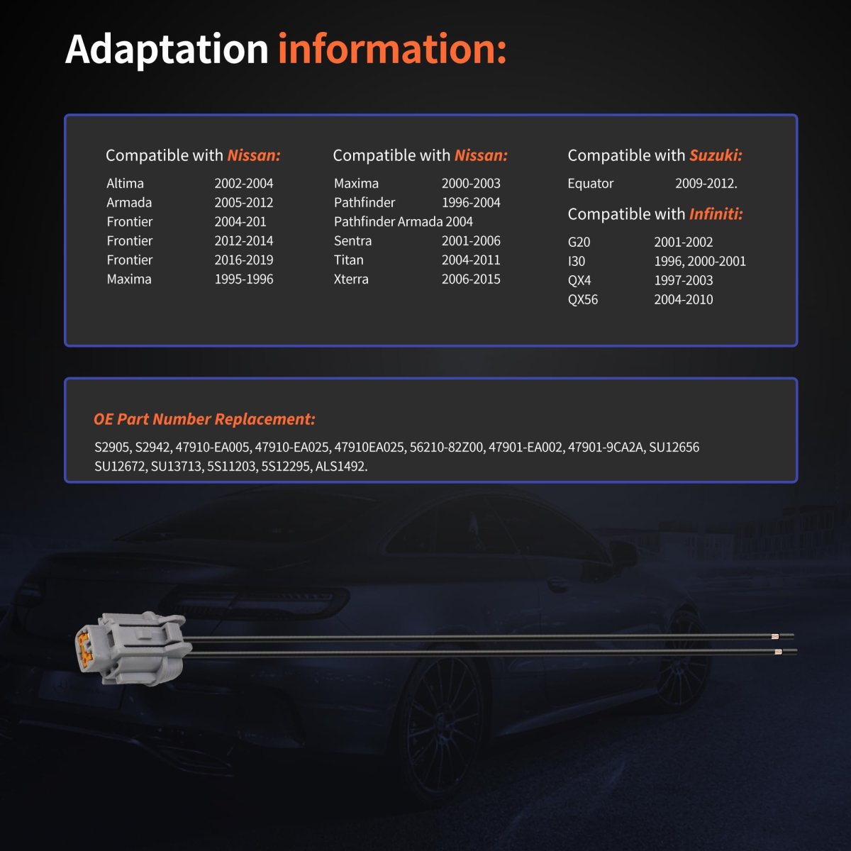 Abs Speed Sensor Wiring Harness Connector 47910 Ea025 47901 Ea002 For Nissan Altima Armada Frontier Maxima Pathfinder Sentra