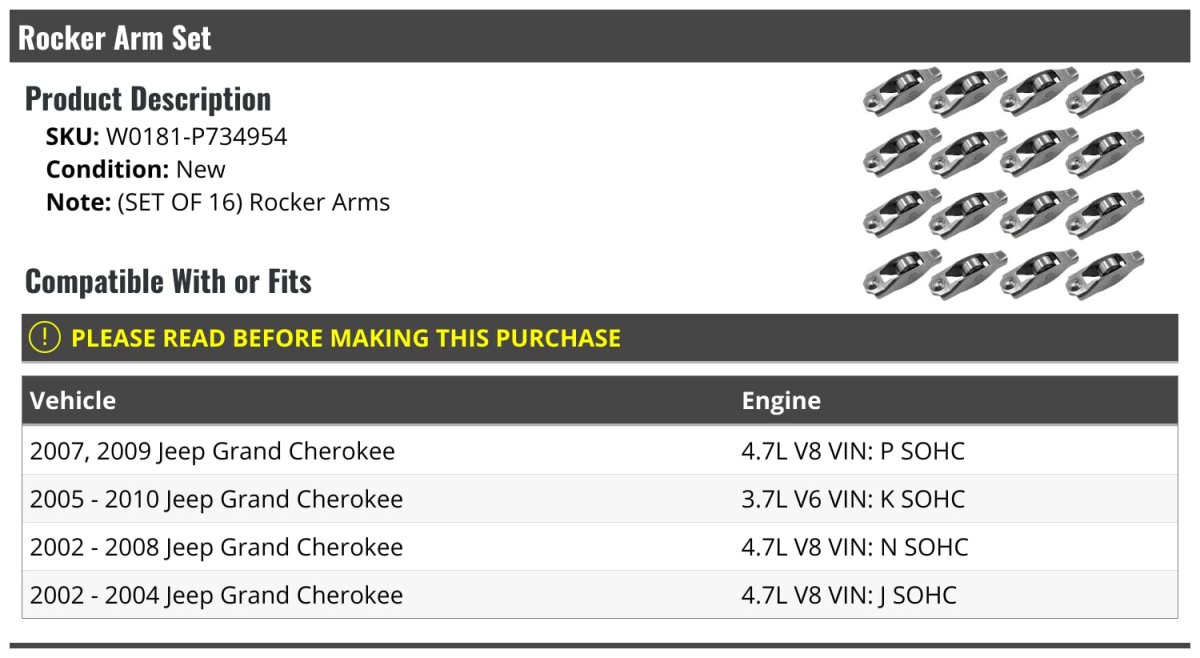 Rocker Arm Set 16 Piece For 2002-2010 Jeep Grand Cherokee