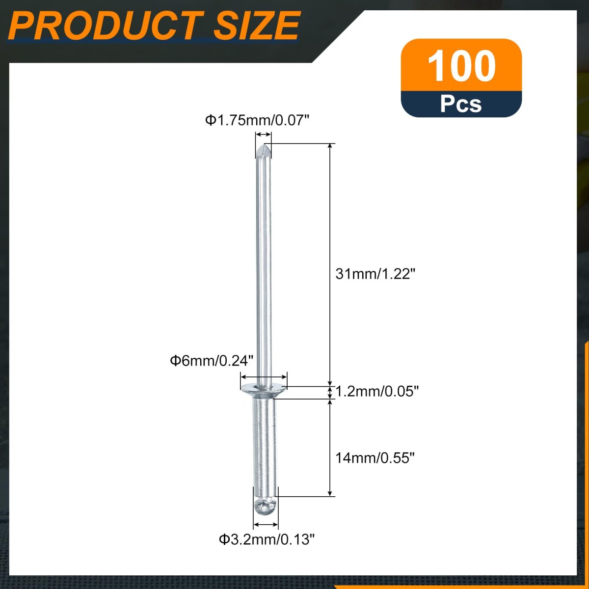 100 Pcs 8 In X 1 2 Countersunk Head Blind Rivets Zinc Plated Carbon Steel Grip And Mandrel Cap Silver