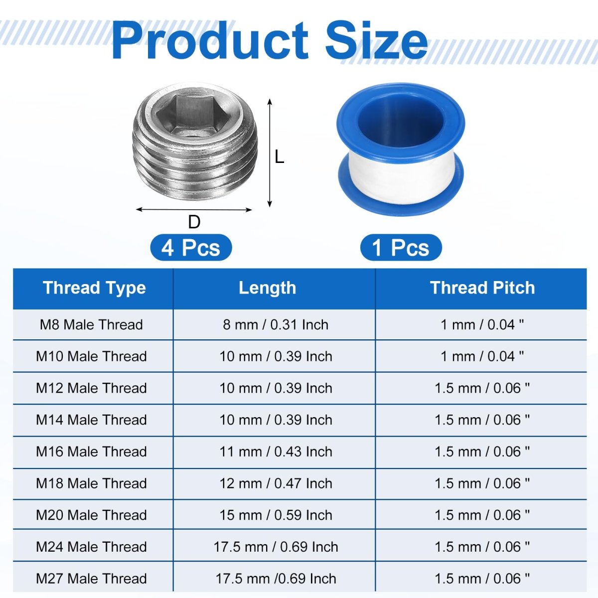 4pcs M10x1x10 304 Stainless Steel Pipe Plug Fitting Male Thread Internal Hex Socket Cap Countersunk For Sealing Port Pneumatic