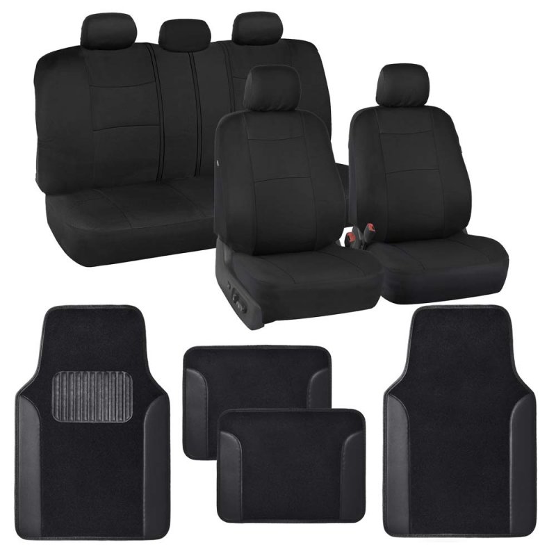 Polypro Black Car Seat Covers Full Set With Matching Carpet Floor Mats Universal Fit For Cars Trucks And Suv Includes Split