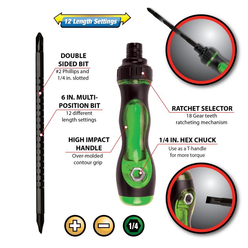 Performance Tool W80037 2-in-1 Ratcheting Screwdriver Compact And Versatile For Efficient Screwdriving Jobs