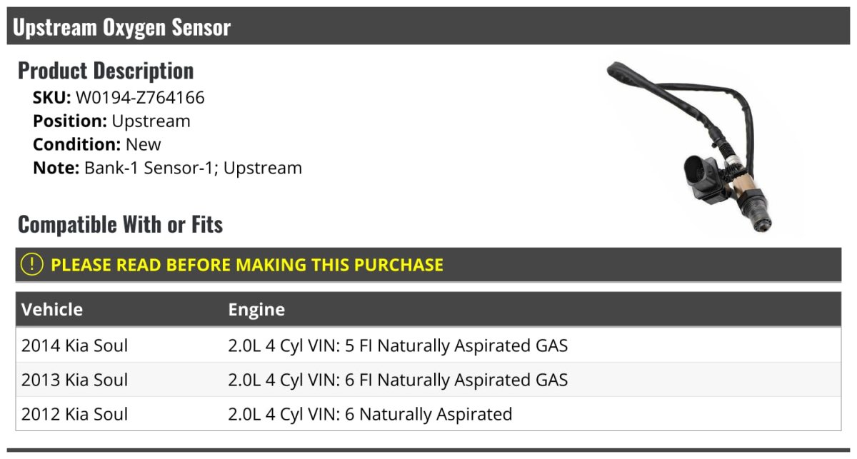 Upstream O2 Oxygen Sensor For 2012 23 2014 Kia Soul 2 0l 4 Cyl Bank 1 1 W0194-z764166