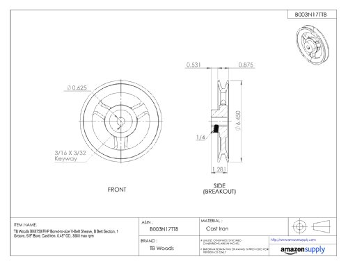 Tb Woods Bk6758 Fhp Bored-to-size V-belt Sheave B Belt Section 1 Groove 5 8 Bore Cast Iron 6 45 Od 3880 Max Rpm