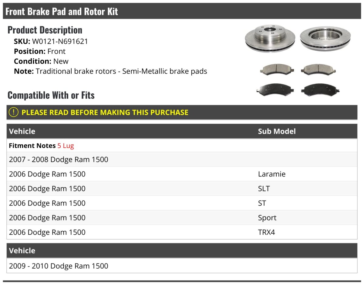 Front Semi Metallic Brake Pads And Rotor Kit For 2006 2010 Dodge Ram 1500 5 Lug Position