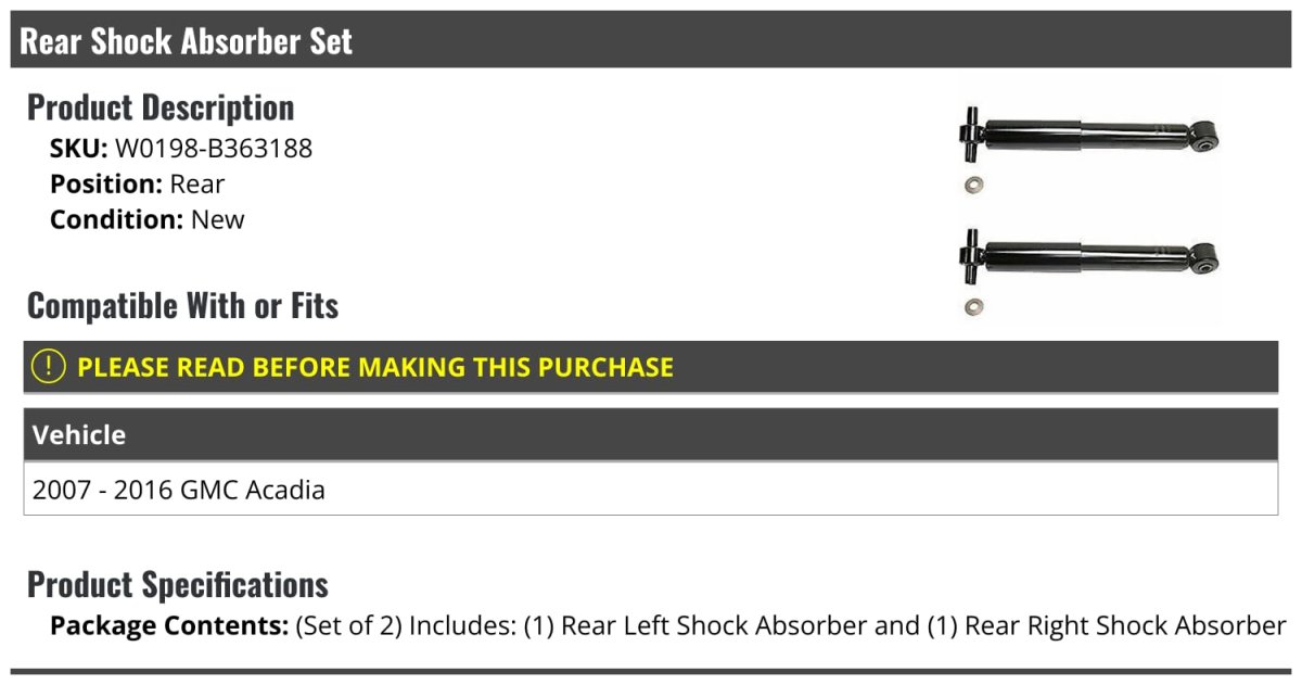 Rear Shock Absorbers Set Of 2 For 2007-2016 Gmc Acadia