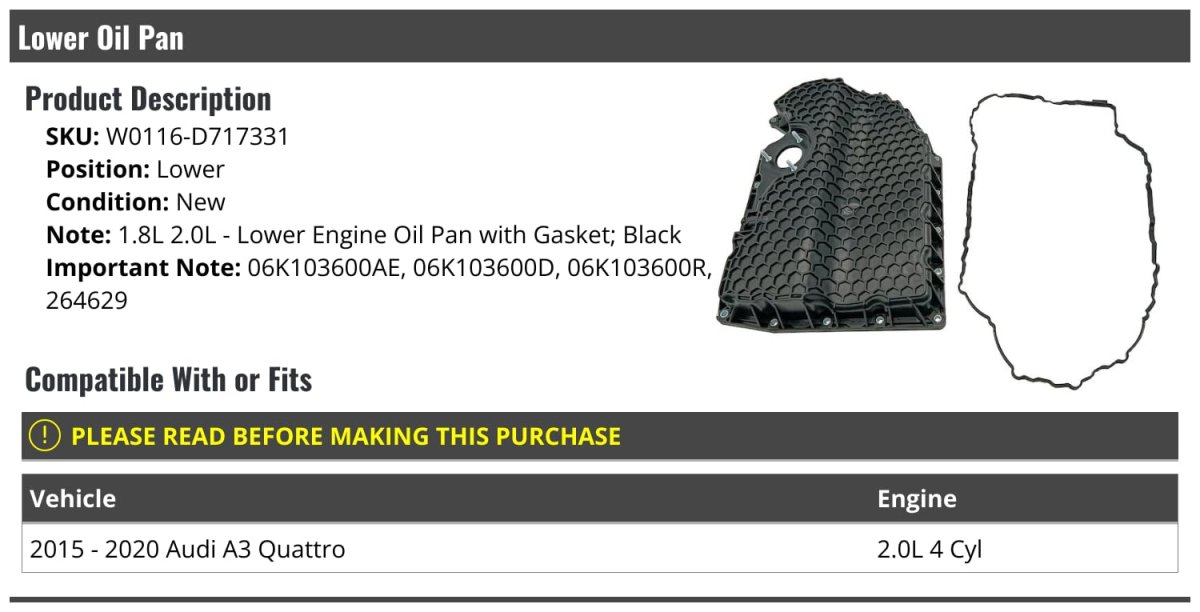 Lower Engine Oil Pan With Gasket For 2015-2020 Audi A3 Quattro 2 0l 4-cylinder
