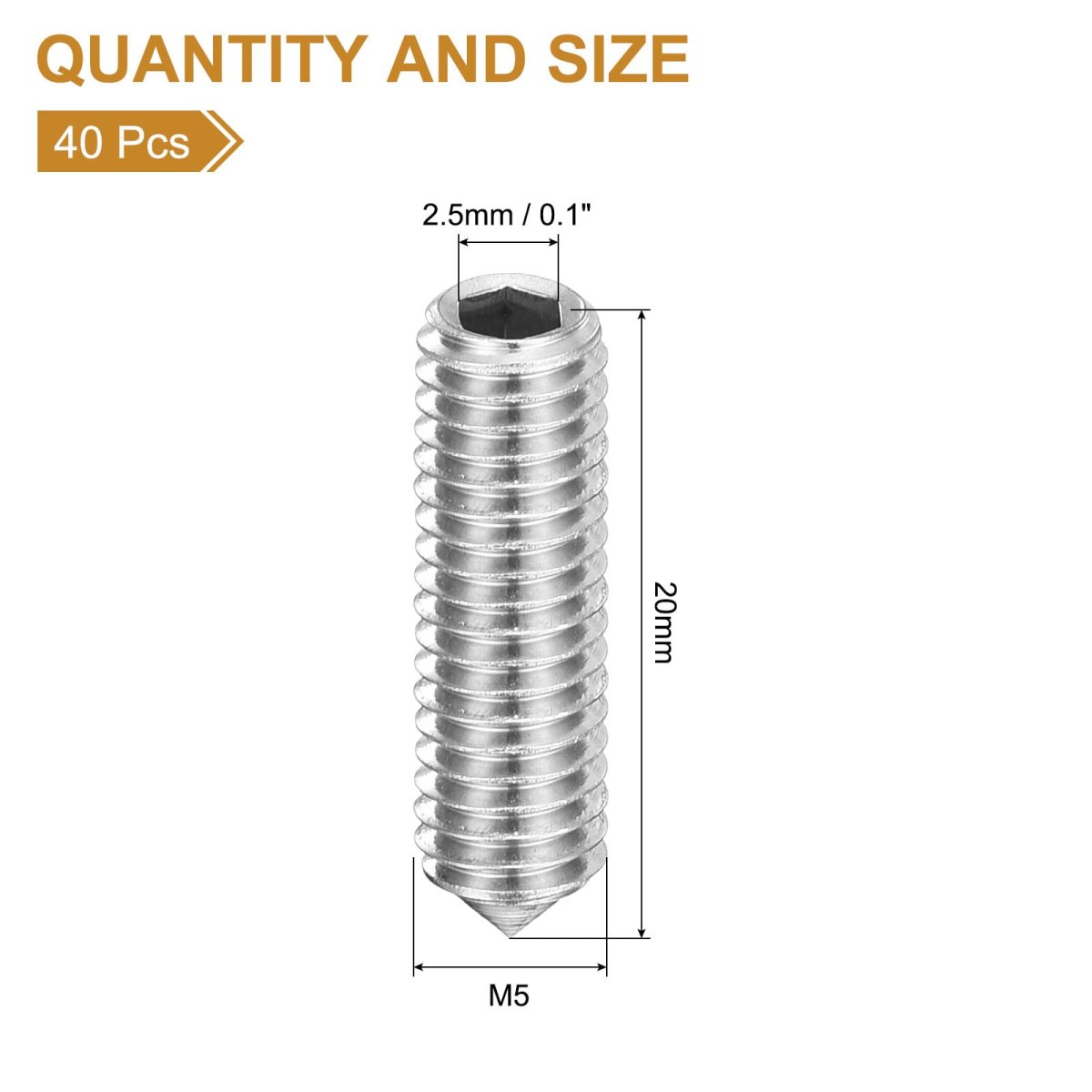 40pcs Set Screws M5x20mm 304 Stainless Steel Cone Point Hex Socket Grub For Machinery Home Repairs And Fixtures Silver
