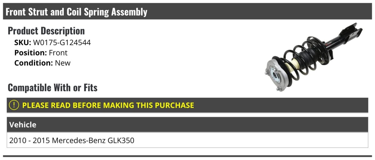 Front Strut And Coil Spring Assembly For 2010 2015 Mercedes Benz Glk350 W0175 G124544